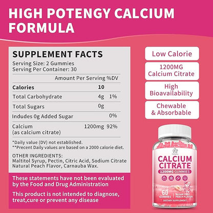 Calcium Citrate Gummies 1200 mg for Adults, High Absorption Pure Calcium Supplement for Women & Men, Sugar Free, Non-GMO, Gluten Free, Supports Muscle & Immune - Natural Peach Flavor, 120 Gummies
