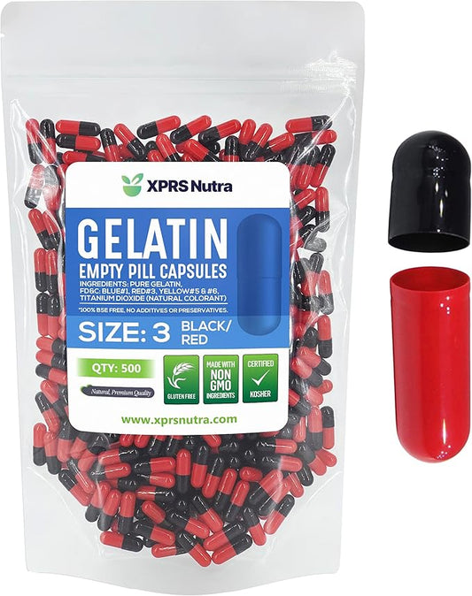 XPRS Nutra Size 3 Empty Capsules - 500 Count Empty Gelatin Capsules - Empty Pill Capsules - DIY Capsule Filling - Pure Bovine Pill Capsules Empty Gel Caps (Black/Red)