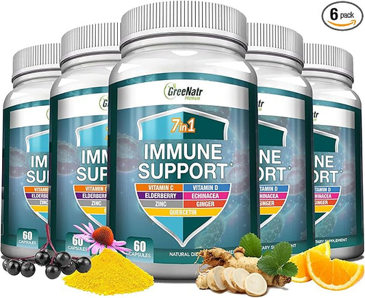 7 in 1 Immune Support Supplement with Vitamin C, Vitamin D3, Zinc 50mg, Quercetin, Echinacea Purpurea, Sambucus Elderberry and Ginger for Complete Immune Defense - 60 Capsules (6 Bottles)