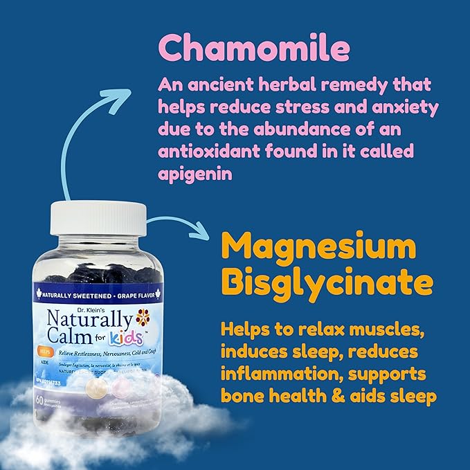 Dr. Klein's Naturally Calm Gummies for Kids - Chamomile, Linden, & Magnesium for Soothing Kids Ages 5+ Vitamins to Aid Sleep - Magnesium Gummies for Kids - Calm Chews for Kids - Grape Sugar-Free 30ct