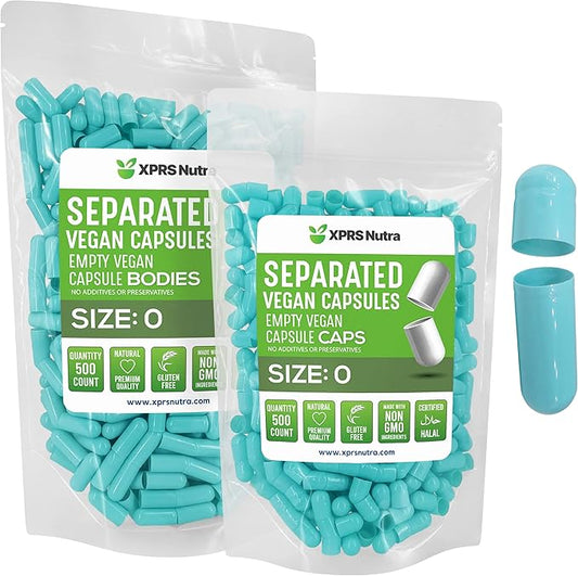 XPRS Nutra Vegan Size 0 Separated Capsules - 500 Count Premium Empty Capsules Separated in Bags - Separated Empty 0 Capsules - Pill Capsules Empty for DIY Supplement Filling (Aqua)