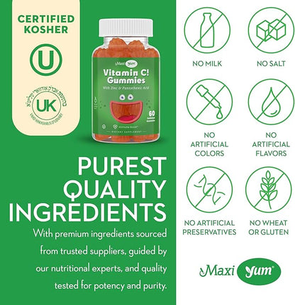 Vitamin C Gummies with Zinc - Maxi-Health Vitamin C with Zinc for Children and Adults - Respiratory Support and Immune Booster - No Preservatives and Artificial Flavors - 60 Fruit Shaped Gummies