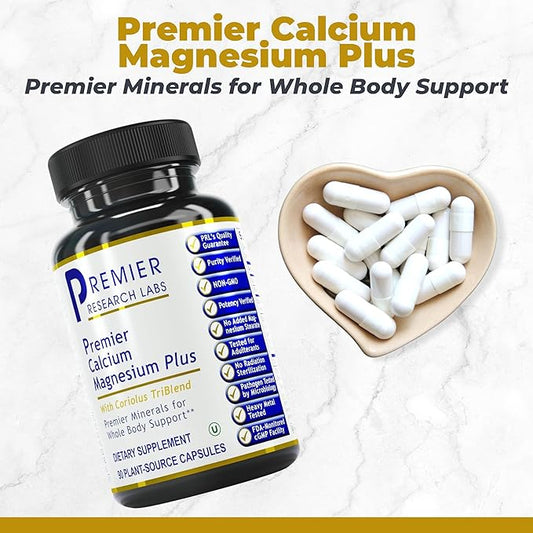 Premier Research Labs Calcium Magnesium Plus - Calcium Magnesium Supplement, Calcium Supplement for Bone Health, with Mushroom Complex - Reishi & Lions Mane - 90 Vegetarian Capsules