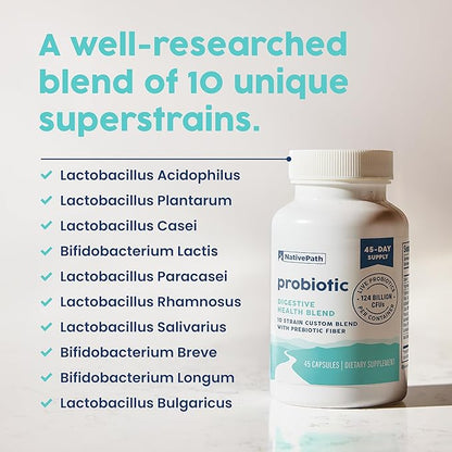 NativePath Daily Probiotic, 10-Strain Custom Blend Probiotics Supplement for Men and Women, 82 Billion CFUs - 45 Count
