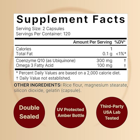 CoQ10 (Ubiquinone) 300mg with Omega 3 240 Capsules Q10 Supplement