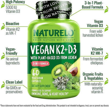NATURELO Vitamin D3 K2 - Vegan K2+D3 with Plant Based D3 from Lichen - Natural D3 Supplement for Immune System, Bone Support, Heart Health - Whole Food - Non-GMO - Gluten Free, 60 Capsules (Pack of 2)