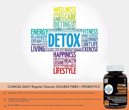 Clinical Daily Regular Cleanse Plus Natural Probiotic - Colon Cleanse & Gut Detox Supplement - Assists with Energy and Constipation Relief - Herbal Dietary Fiber Psyllium Husk Capsules - 180 Count