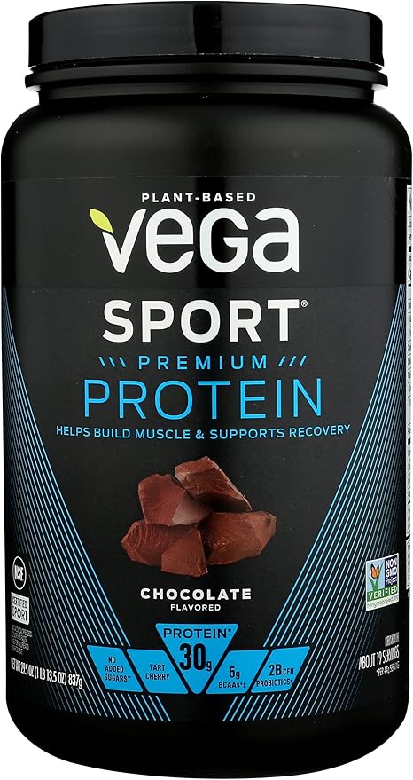 Vega Sport Premium Protein Powder, Chocolate, 30g Plant 5g BCAAs, 29.5 Oz