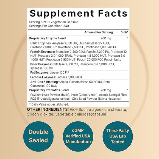 NatureBell Digestive Enzymes with Prebiotics 240 Veggie 20 Enzyme 5 Prebiotic