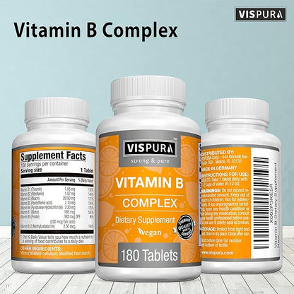 Vitamin B-Complex, 180 Vegan Tablets, All B12, B1, B1, B2, B2, B3, B3, B5, B5, B6, B6, B7, B7, B9, B9, Folic