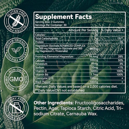 Magnesium Glycinate Gummies 500mg with L-Threonate 300mg B6, CoQ10 CoQ10 - 60 Gummies