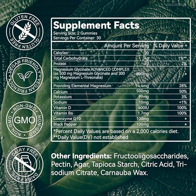 Magnesium Glycinate Gummies 500mg with L-Threonate 300mg B6, CoQ10 CoQ10 - 120 Gummies