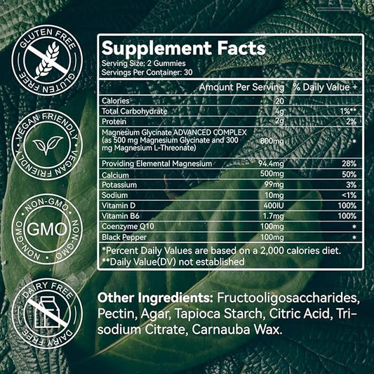 Magnesium Glycinate Gummies 500mg with L-Threonate 300mg B6, CoQ10 CoQ10 - 120 Gummies