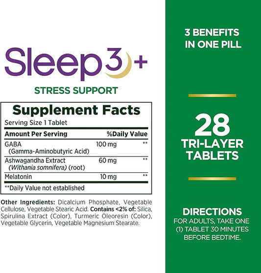 Nature's Bounty Stress Support Melatonin, Sleep3 100% Drug 10mg, 28 28 Tri-Layered