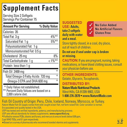 Nature Made Fish Oil 1200 mg 3 Fish 3 Supplement 150 Softgels, 75 Day