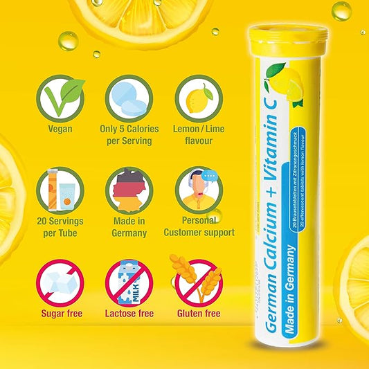 German Calcium + VIT. C - 40 Vegan Drink Effervescent Tablets - Lemon Lime Flavor - Made in Germany