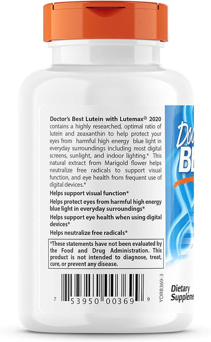 Doctor's Best Lutein featuring Lutemax, Non-GMO, 20 mg, 60 Softgels