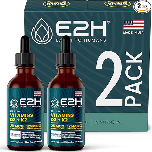 E2H EARTH TO HUMANS Vitamin D3 & K2 Supplement for Immune Support - Liquid Vitamin D3 5000 IU - Made in The USA | Non-GMO, Vegan - (2 Bottles)