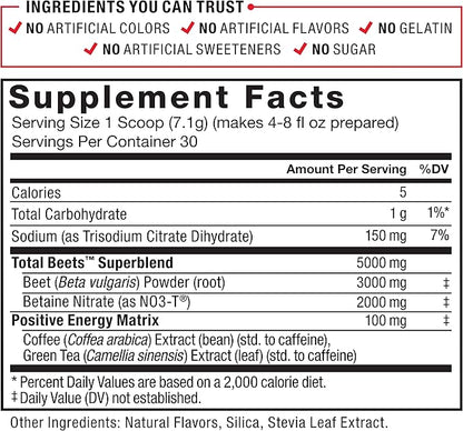 Force Factor Total Beets Energy Drink Mix, Superfood Beet Root Powder with Nitrates to Boost Energy and Support Circulation, Blood Flow, Nitric Oxide and Stamina, Heart Health Supplement, 30 Servings