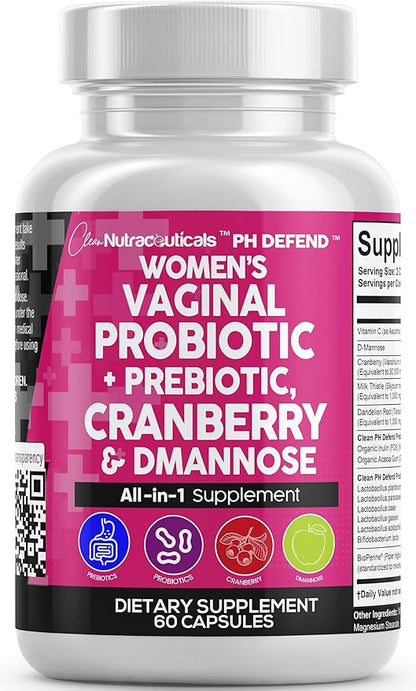 Clean Nutraceuticals Vaginal Probiotics for Women + Prebiotics 20 Billion Cranberry Pills w/D-Mannose 500 mg for Urinary Tract Health pH Balance - for Vaginal Health Supplements Pills - 1 Pack