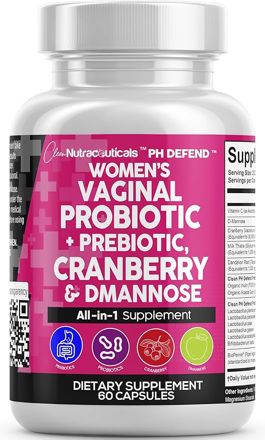 Clean Nutraceuticals Vaginal Probiotics for Women + Prebiotics 20 Billion Cranberry Pills w/D-Mannose 500 mg for Urinary Tract Health pH Balance - for Vaginal Health Supplements Pills - 1 Pack