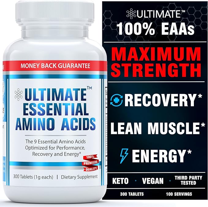 Ultimate 100% Essential Amino Acid Supplement - 300 Easy-to-Swallow, 1g Coated Tablets - All 9 EAA with 40% Leucine in Optimized BCAA Ratio - Improve Fitness & Performance - Keto, Vegan & Non-GMO