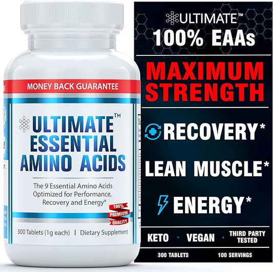 Ultimate 100% Essential Amino Acid Supplement - 300 Easy-to-Swallow, 1g Coated Tablets - All 9 EAA with 40% Leucine in Optimized BCAA Ratio - Improve Fitness & Performance - Keto, Vegan & Non-GMO