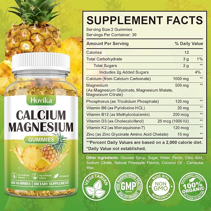 Calcium Magnesium Zinc Gummies, Calcium Magnesium 2:1 Ratio D3, K2, K2, B6, B6, B12 B12 for 60 Gummies