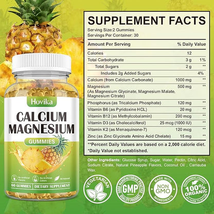 Calcium Magnesium Zinc Gummies, Calcium Magnesium 2:1 Ratio D3, K2, K2, B6, B6, B12 B12 for 60 Gummies