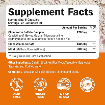 Glucosamine Chondroitin MSM Joint Support Supplement with Glucosamine Sulfate 1500 mg and Chondroitin Sulfate Complex - Joint Health Chondroitin Sulfate MSM Supplement for Women and Men - 150 Capsules
