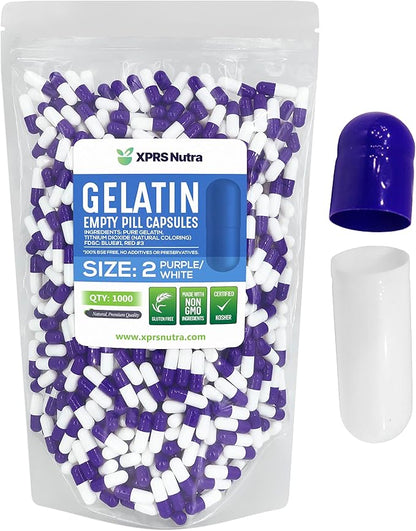 XPRS Nutra Size 2 Empty Capsules - 1000 Count Empty Gelatin Capsules - Empty Pill Capsules - DIY Capsule Filling - Pure Bovine Pill Capsules Empty Gel Caps (Purple/White)