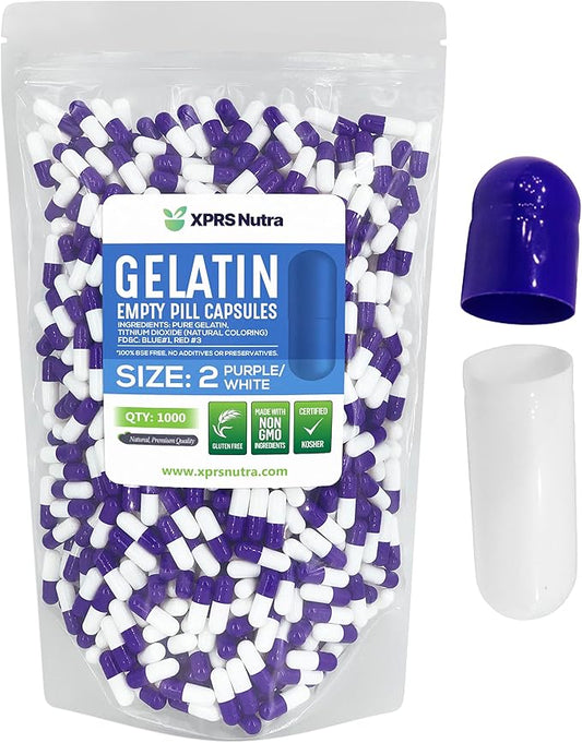 XPRS Nutra Size 2 Empty Capsules - 1000 Count Empty Gelatin Capsules - Empty Pill Capsules - DIY Capsule Filling - Pure Bovine Pill Capsules Empty Gel Caps (Purple/White)