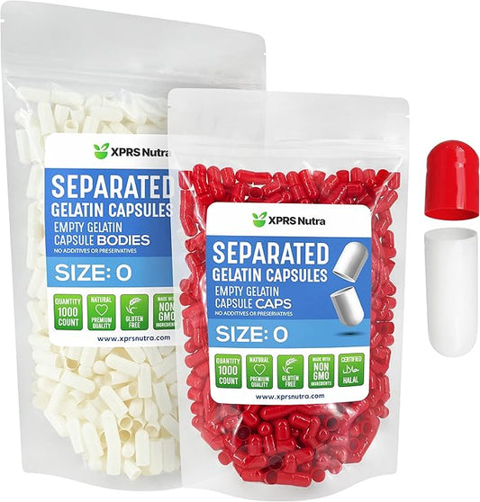 XPRS Nutra Gelatin Size 0 Separated Capsules - 1000 Count Empty Capsules Separated in Bags - Size 0 Gelatin Capsules - Empty Gelatin Capsules for DIY Supplement Filling (Red/White)