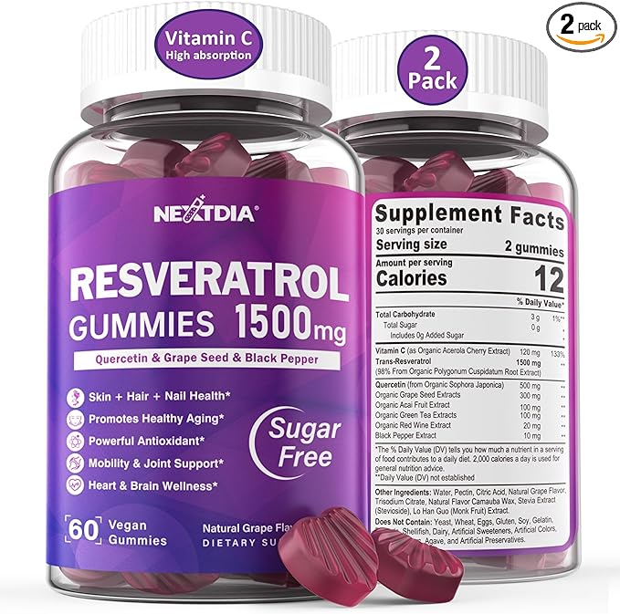 Resveratrol Gummies 1500mg - Sugar Free Resveratrol Supplement with Quercetin, Grape Seed, Acai Berries Extracts Support Antioxidant, Healthy Aging & longevity, Skin, Joint, Brain Wellness - 2Pack