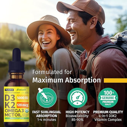 (4 Pack) Organic Vitamin D3 K2 Drops with MCT Oil Omega 3, Maximum Strength Vitamin D Liquid 5000 IU, No Fillers, Non-GMO Liquid D3 for Faster Absorption and Immune Support (Pineapple, 4 Fl Oz)