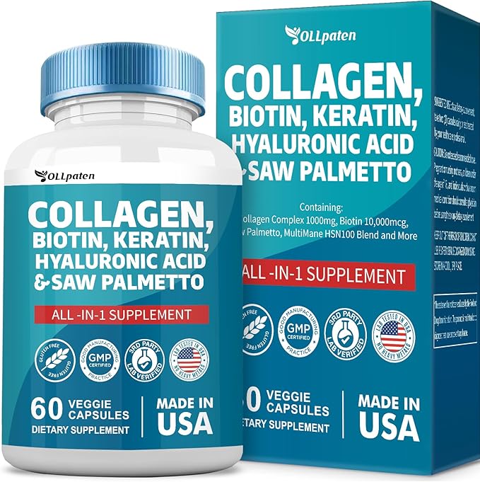 Collagen Pills 1000mg Biotin 10000mcg Keratin 2500mg Hyaluronic 60 Capsules