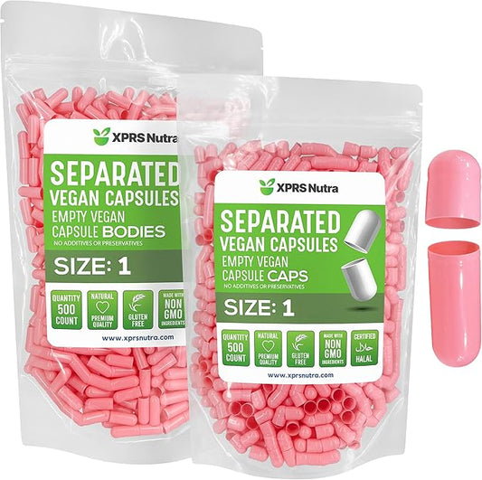 XPRS Nutra Vegan Size 1 Separated Capsules - 500 Count Premium Empty Capsules Separated in Bags - Empty Capsules - Separated Empty Capsules - Pill Capsules Empty for DIY Supplement Filling (Pink)