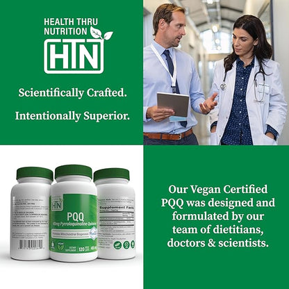 Health Thru Nutrition PQQ 40mg 120 Servings Pyrroloquinoline Quinone as PureQQ | Promotes Mitochondrial Biogenesis | Certified Vegan | Non-GMO Gluten Soy Free Capsules| Clean Label PQQ Supplement