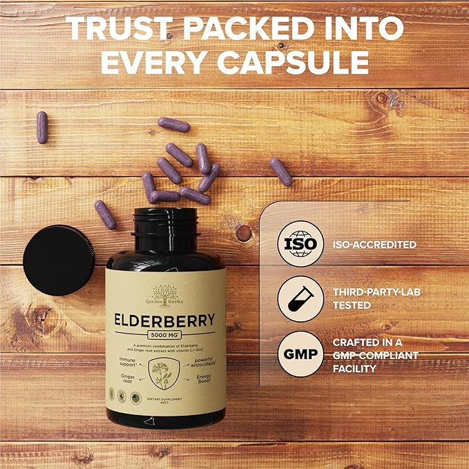 Elderberry with Vitamin C, Zinc, & Ginger – Potent Immune Booster 5000 Mg Elderberry, Zinc, & Vitamin C – Non-GMO Immunity Vitamins for Adults to Help You Feel Vibrant, 60 Caps.