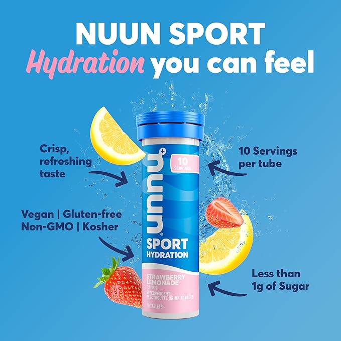 Nuun Sport Electrolyte Tablets - Dissolvable in Water, Strawberry Lemonade, 5 Essential Electrolytes for Hydration, 1g Sugar Drink Mix, Vegan, Non-GMO, 8 Pack (80 Total Servings)