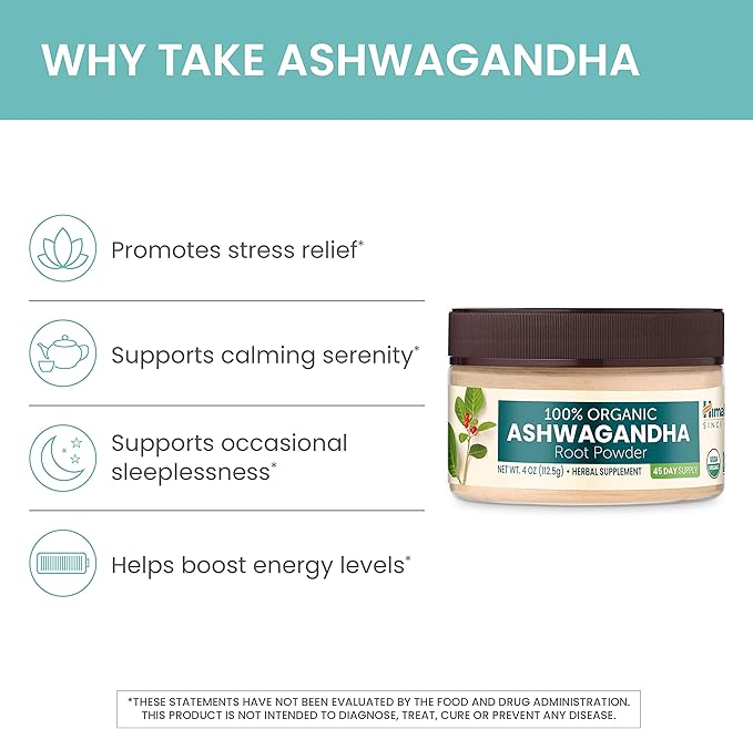 Himalaya 100% USDA Certified Organic Ashwagandha 4 Oz, 45 Day