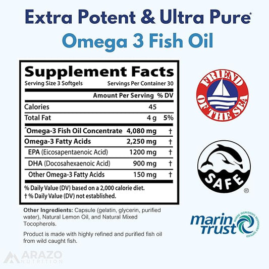 Arazo Nutrition Wild Caught Omega 3 90 Soft 4,080mg High 1200mg DHA 900mg Lemon