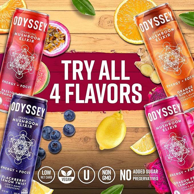 Odyssey Elixir Sparkling Adaptogen Drink, Low 12 Fl 12 Pack
