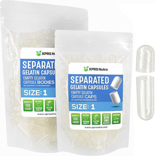 XPRS Nutra Size 1 Gelatin Separated Capsules - 100 Count Empty Pill Capsules Separated in Bags - Clear Empty Capsules - Separated Empty Capsules - Pill Capsules Empty for DIY Supplement Filling