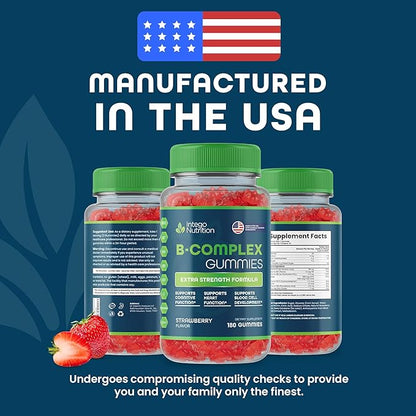 Vitamin B Complex Gummies for Adults, B Complex Vitamin Supplement for Women and Men, B Vitamins Complex Gummies for Energy and Brain Health, Natural Strawberry Flavor, 180 Count