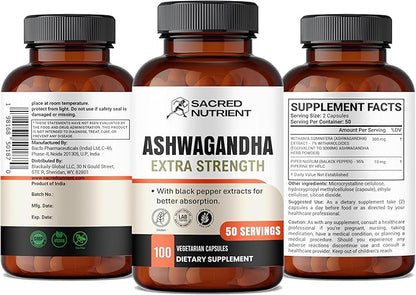 Ashwagandha Organic Extra Strength Supplement 300mg Extract 3000mg Herb), 100 Capsules