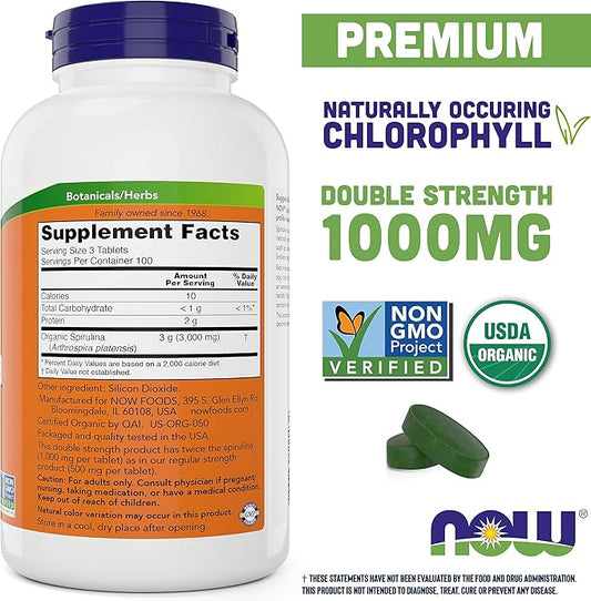 NOW Foods Organic Spirulina 1000mg Tablets 300 Count 2) - 1000 mg B-12 and