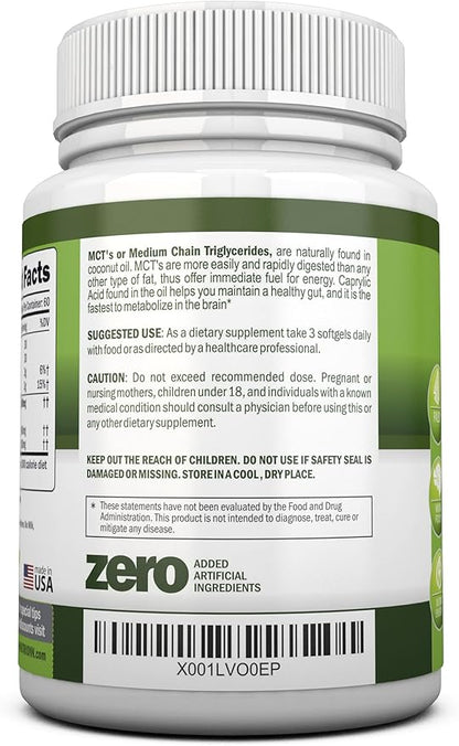 MCT Oil - 3000mg Per Serving - 180 Softgels - Made from 100% Organic Coconuts - Non GMO, Cold Pressed, Paleo Friendly Capsules - Great for Focus & Gut Health