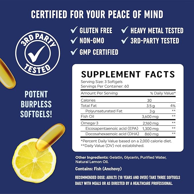 Triple Strength Omega 3 Fish Oil 3600 mg 2100mg of Omega-3 Fatty 1300mg EPA 860mg DHA (180 Ct)