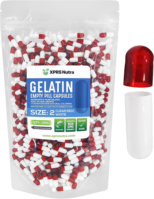XPRS Nutra Size 2 Empty Capsules - 1000 Count Empty Gelatin Capsules - Empty Pill Capsules - DIY Capsule Filling - Pure Bovine Pill Capsules Empty Gel Caps (Clear Red/White)